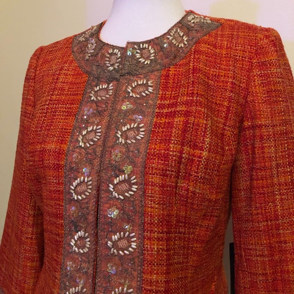 Josephine Chaus Orange Tweed Beaded Blazer Jacket - Picture 3 of 14